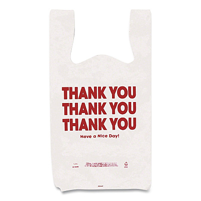 Garvey Plastic Shopping Bags, "Thank You - Have a Nice Day", Cut-Out Handles, 22 x 11.5 x 6, White/Red, 250/Box (063036)