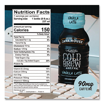 Java House Cold Brew Coffee, Vanilla Latte, 8 oz Bottle, 24/Carton (HFP01785)