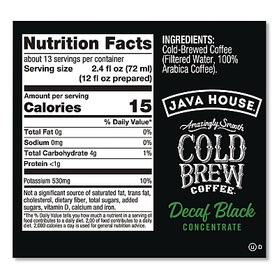 Java House Cold Brew Coffee Concentrate, Decaf Black, 32 oz Bottle (HFP01809)