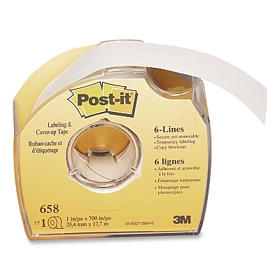 Post-it Labeling and Cover-Up Tape, Non-Refillable, 1" x 19.44 yd, White Tape, Clear Dispenser, 24/Carton (658CASE)