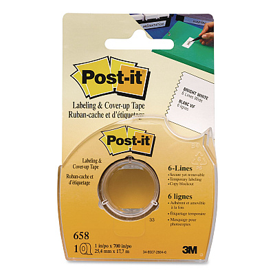 Post-it Labeling and Cover-Up Tape, Non-Refillable, 1" x 19.44 yd, White Tape, Clear Dispenser, 24/Carton (658CASE)