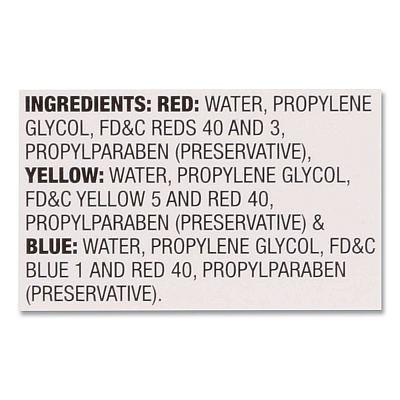 Performance Food Group Food Coloring, Red/Yellow/Blue, 0.5 oz Bottle, 3/Box (MCM05308)