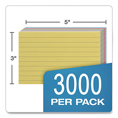 Oxford Ruled Index Cards, 3 x 5, Assorted Colors, 3,000/Carton (40280CT)