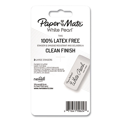 Paper Mate White Pearl Latex-Free Plastic Eraser, For Pencil Marks, Rectangular Block, White, 3/Pack (70624)