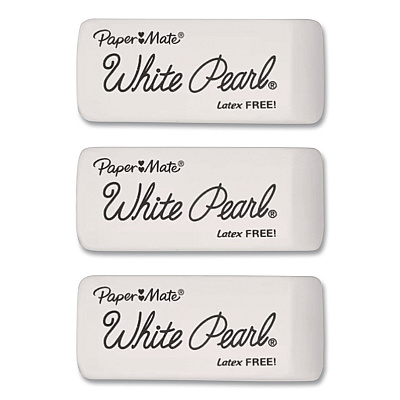 Paper Mate White Pearl Latex-Free Plastic Eraser, For Pencil Marks, Rectangular Block, White, 3/Pack (70624)