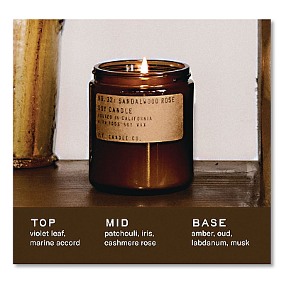 P.F. Candle Co. Sandalwood Rose Soy Candle, 40 to 50 Hours Burn Time, 2.9" d x 3.5" h, 7.2 oz, Amber (SC32)