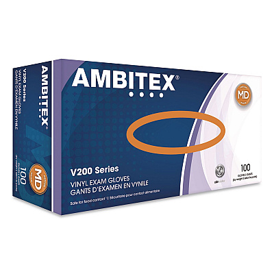 AMBITEX V200 Series Powder-Free Vinyl Exam Gloves, Medium, 4 mil Thick, 9" Long, Clear, 100/Box, 10 Boxes/Carton (VMD200CT)