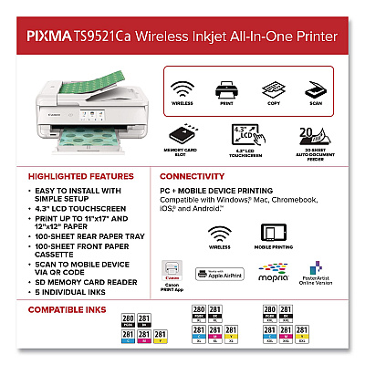 Canon PIXMA TS9521Ca Inkjet Printer, Copy/Print/Scan (2988C052)