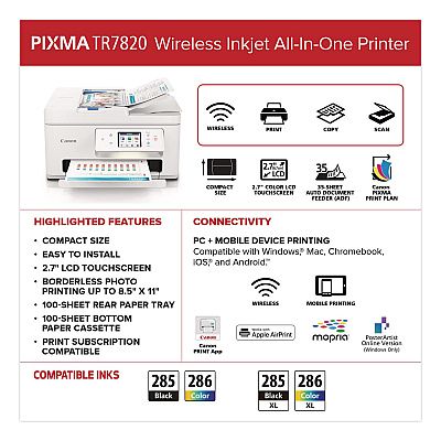 Canon PIXMA TR7820 Inkjet Printer, Copy/Print/Scan (6258C002)