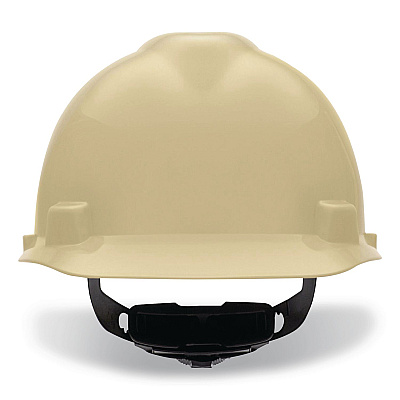 MSA V-Gard Hard Hats, Vented, Front Brim, Fas-Trac III Ratchet Suspension, One Size Fits Most (6.5 to 8), Light Buff (495856)