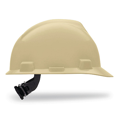 MSA V-Gard Hard Hats, Vented, Front Brim, Fas-Trac III Ratchet Suspension, One Size Fits Most (6.5 to 8), Light Buff (495856)