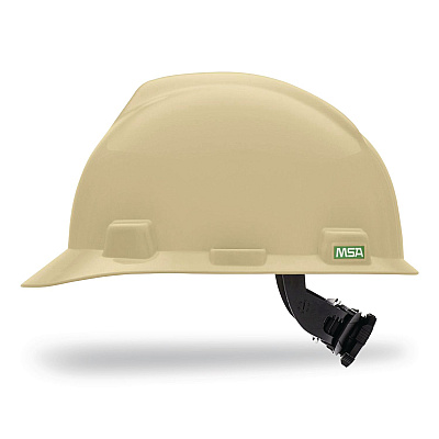 MSA V-Gard Hard Hats, Vented, Front Brim, Fas-Trac III Ratchet Suspension, One Size Fits Most (6.5 to 8), Light Buff (495856)