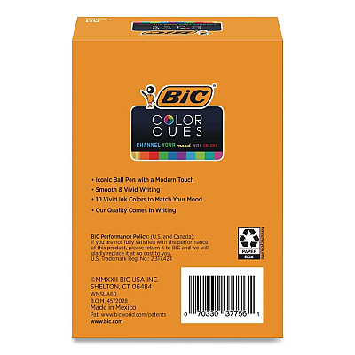 BIC Color Cues Cristal Xtra Smooth Ballpoint Pen, Stick, Medium 1.2 mm, Assorted Ink and Barrel Colors, 10/Box (WMSUA10AST)