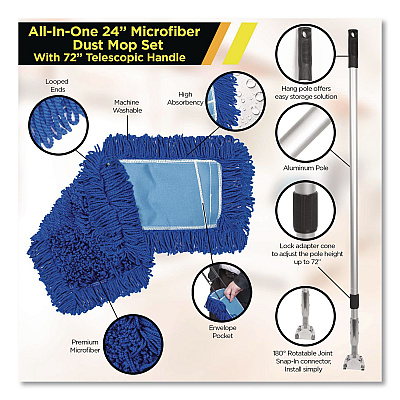 All-In-One 24" Microfiber Dust Mop Set With 72" Telescopic Handle, 24" x 5", Blue, Microfiber Head, 72" Silver Handle, 4 Kits (GRI17424T4PK)