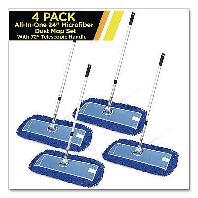 All-In-One 24" Microfiber Dust Mop Set With 72" Telescopic Handle, 24" x 5", Blue, Microfiber Head, 72" Silver Handle, 4 Kits (GRI17424T4PK)