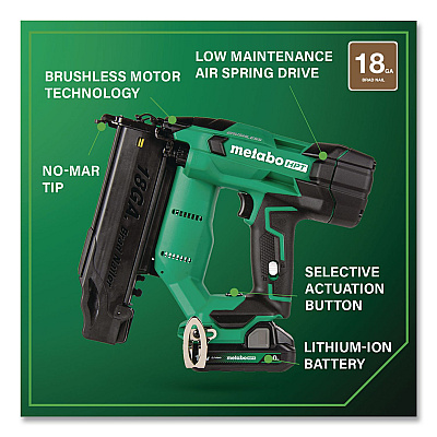 18V Brushless Lithium-Ion Compact 18 ga Cordless Brad Nailer Kit (2 Ah), 5/8" to 2" Nails, Green/Black (NT1850DFTM)