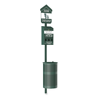 Pet Waste Station Kit with Roll Bag Locking Dispenser, 11.5 Gallon Round Lidded Trash Can, Pole, and Glow-in-the-Dark Sign (FLO1RSG)