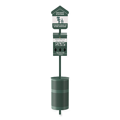 Pet Waste Station Kit with Roll Bag Locking Dispenser, 11.5 Gallon Round Lidded Trash Can, Pole, and Glow-in-the-Dark Sign (FLO1RSG)