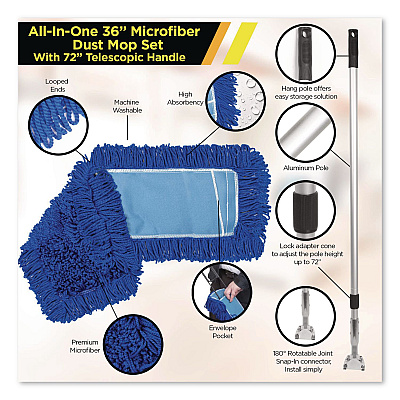 All-In-One Microfiber Dust Mop Set with Telescopic Handle, 36 x 5, Blue Microfiber Head, 72" Silver Aluminum Handle, 4/Kit (GRI17436T4PK)