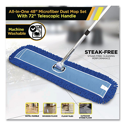 All-In-One Microfiber Dust Mop Set with Telescopic Handle, 48 x 5, Blue Microfiber Head, 72" Silver Aluminum Handle, 4/Kit (GRI17448T4PK)
