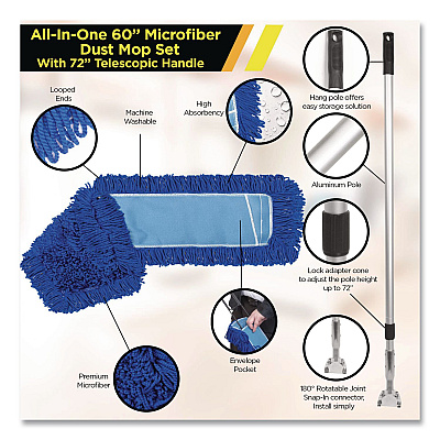All-In-One Microfiber Dust Mop Set with Telescopic Handle, 60 x 5, Blue Microfiber Head, 72" Silver Aluminum Handle, 4/Kit (GRI17460T4PK)