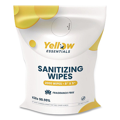 Yellow Essentials Sanitizing Wipes, 5 x 8, Unscented, White, 2,000/Refill Bag, 4 Refill Bags/Carton (YE00120004PK)