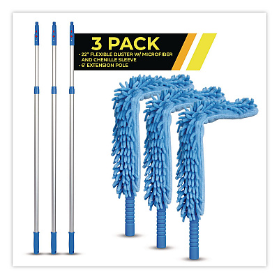Flexible Wand Duster with Microfiber and Chenille Sleeve and 6 ft Telescopic Pole, 3/Kit (GRI1756F3PK)