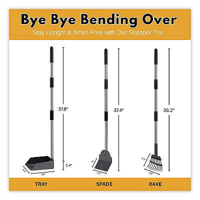 Dog Pooper Scooper Set with Heavy-Duty Metal Tray, Rake and Spade, 37.8" Length Black/Silver (FLO3)