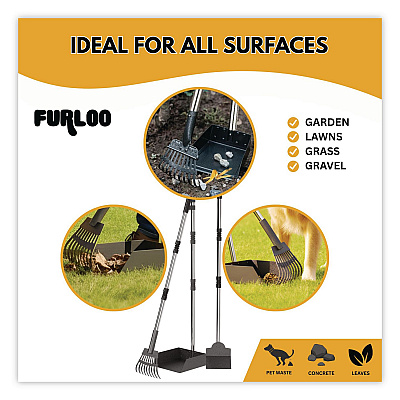 Dog Pooper Scooper Set with Heavy-Duty Metal Tray, Rake and Spade, 37.8" Length Black/Silver (FLO3)
