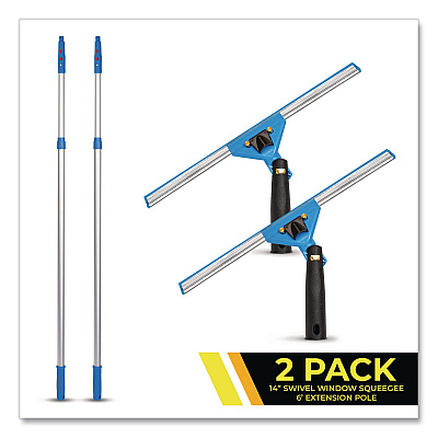 Pro Window Washing Kit with Swivel Squeegee and 6 ft Telescopic Pole, 14" Wide Blade, 2/Kit (GRI1306F142P)