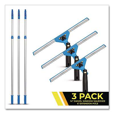 Pro Window Washing Kit with Swivel Squeegee and 6 ft Telescopic Pole, 14" Wide Blade, 3/Kit (GRI1306F143P)