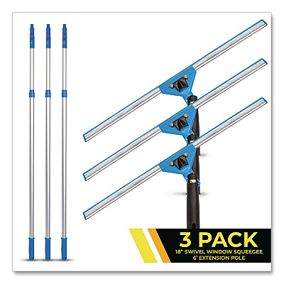 Pro Window Washing Kit with Swivel Squeegee and 6 ft Telescopic Pole, 18" Wide Blade, 3/Kit (GRI1306F183P)