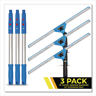 Pro Window Washing Kit with Swivel Window Squeegee and 20" Pole, 18" Wide Blade, 3/Kit (GRI131183PK)