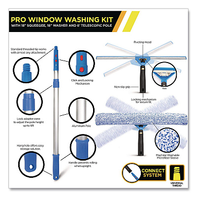 Pro Window Washing Kit with Squeegee, Washer and 6 ft Telescopic Pole, 18" Wide Blade (GRI1376F18)