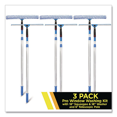 Pro Window Washing Kit with Squeegee, Washer and 6 ft Telescopic Pole, 18" Wide Blade, 3/Kit (GRI1376F183P)