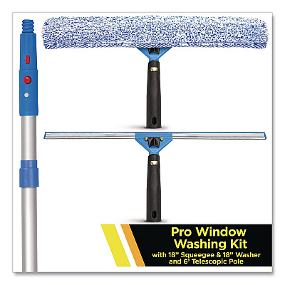 Pro Window Washing Kit with Squeegee, Washer and 6 ft Telescopic Pole, 18" Wide Blade, 3/Kit (GRI1376F183P)