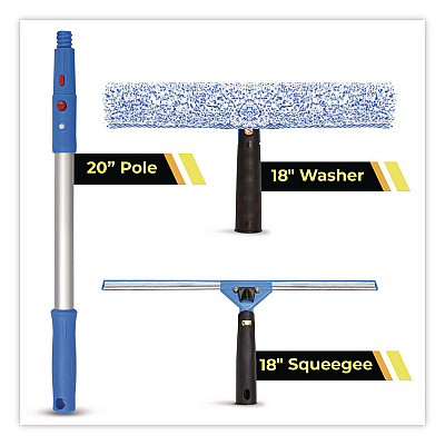 Pro Window Washing Kit with Squeegee, Washer and 20" Pole, 18" Wide Blade (GRI13818)