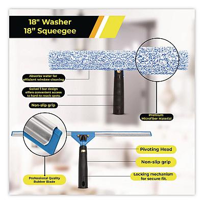 Pro Window Washing Kit with Squeegee, Washer and 20" Pole, 18" Wide Blade (GRI13818)