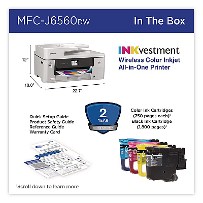 Brother MFC-J6560DW INKvestment AIO Printer, Copy/Fax/Print/Scan