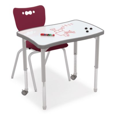 MooreCo Hierarchy Creator Rectangle Desk, 32.1 x 21.4 x 18 to 29, White Dry Erase/Platinum Legs, Ships in Two Boxes(Worksurface/Legs) (70529)