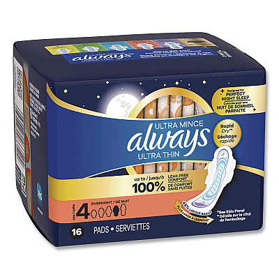 Always Ultra Thin Overnight Pads with Wings, Size 4, Overnight Absorbency, 16/Pack, 6 Packs/Carton (12851)