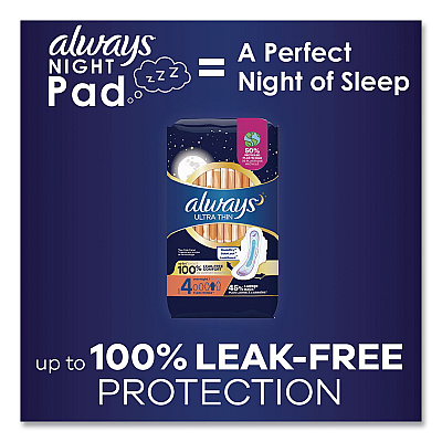 Always Ultra Thin Overnight Pads with Wings, Size 4, Overnight Absorbency, 16/Pack, 6 Packs/Carton (12851)