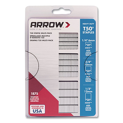 Heavy Duty Staples, 0.25" Leg/0.38" Leg/0.5" Leg, 0.41" Crown, Silver, 1,875/Box (50MP)