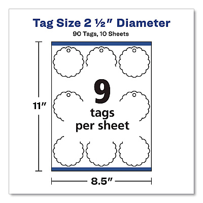Avery Printable Scallop Round Gift Tags, Inkjet/Laser Printers, 2.5" dia, White, 9/Sheet, 10 Sheets/Pack (80511)