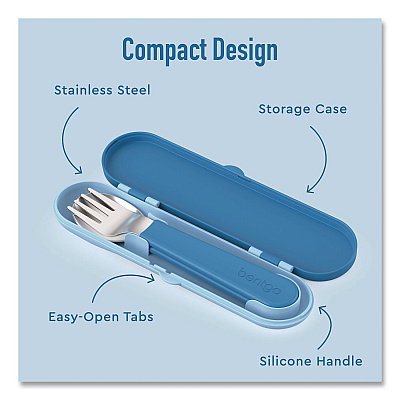 bentgo Kids Stainless Steel Utensils, 5.7 Fork, 5.8 Spoon, 2 x 6 Case, Stainless Steel/Silicone, Blue (BGKDUTSSB)