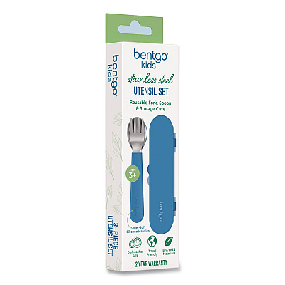 bentgo Kids Stainless Steel Utensils, 5.7 Fork, 5.8 Spoon, 2 x 6 Case, Stainless Steel/Silicone, Blue (BGKDUTSSB)