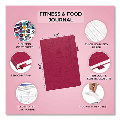 Fitness and Food Journal, 90-Day Daily/Monthly Format, Engraved Health/Athletics Artwork, Fushia Cover, 8.3 x 5.8 Sheets (CFFNFJFUCH)