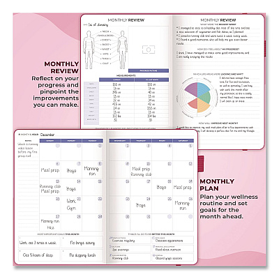 Fitness and Food Journal, 90-Day Daily/Monthly Format, Engraved Health/Athletics Artwork, Fushia Cover, 8.3 x 5.8 Sheets (CFFNFJFUCH)