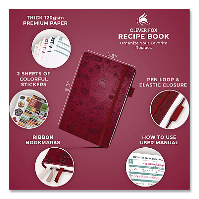 Recipe Book, Customizable Space for 60 Recipes, Engraved Food and Kitchen Artwork, Burgundy Cover, 8.3 x 5.8 Sheets (TF8NP4O50F)