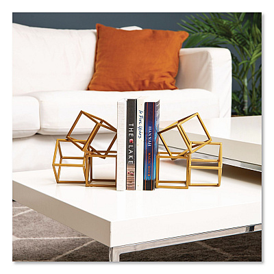 Mind Reader Geometric Cube Metal Bookends, Nonskid Base, 4.25 x 6 x 6, Iron, Gold (BLOCKS2GLD)